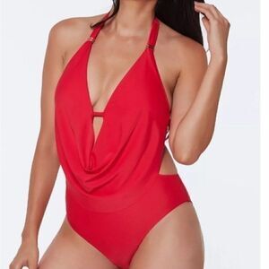 BAR III Solid Cowlneck One Piece Swimsuits Small Paradise Red swimwear S